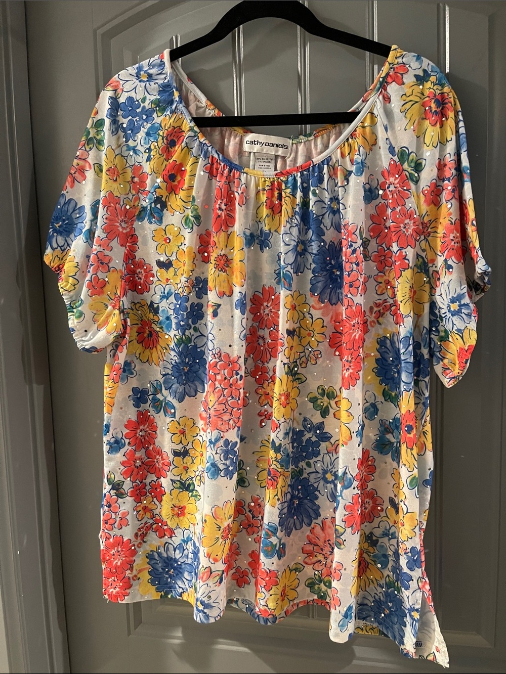 Cathy Daniels White Floral Scoop Neck Tunic - Blue, Yellow, Coral